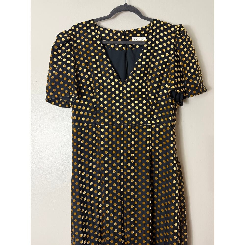RHODE Dress Black Gold Polka Dot Fall Wedding Guest Cocktail Ruffle - Picture 6 of 13